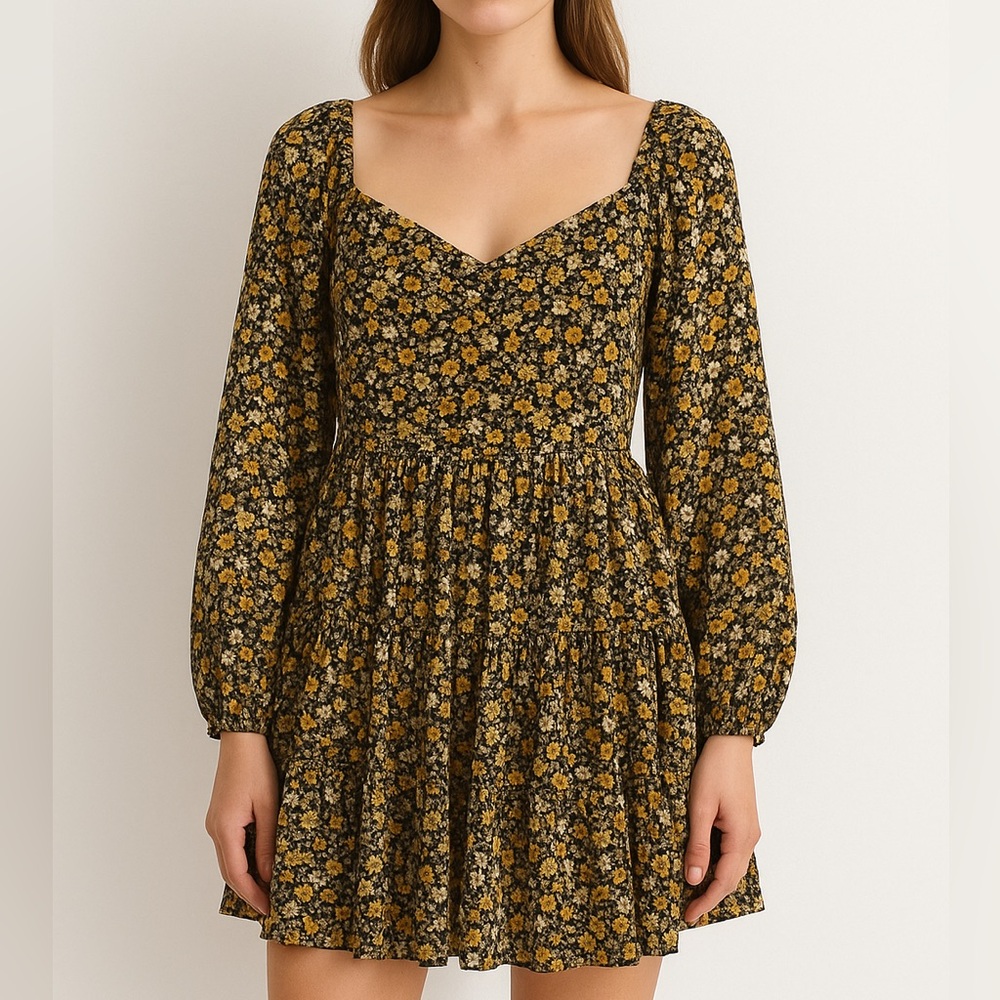 Lena Cottagecore Floral Mini Dress Size S Black Yellow Long-Sleeve Whimsical